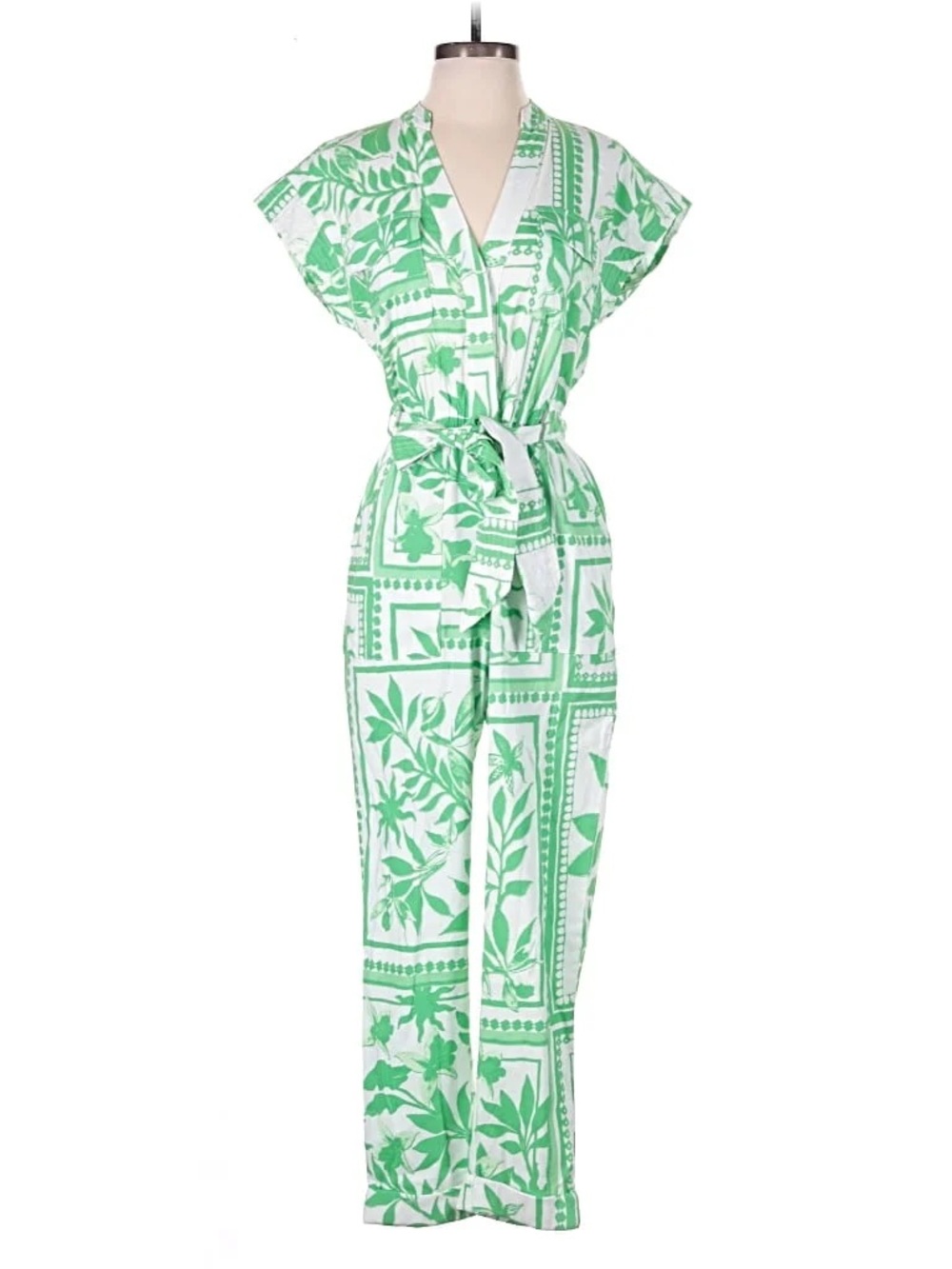 INC International Concepts Green and White Botanical Print Wrap Jumpsuit